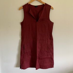 Theory Wandu Linen Shift Dress, Split V-neck, Stretchy, Burgundy Maroon Wine, 6